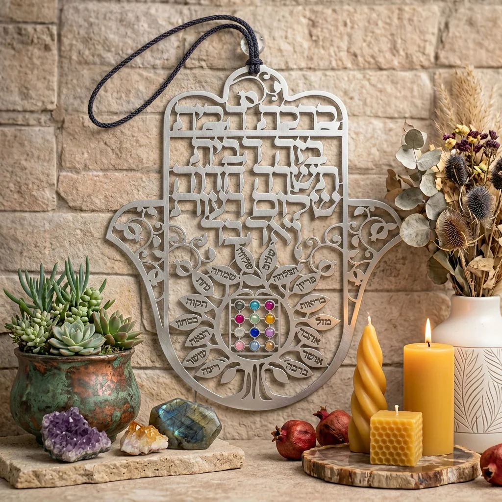 חמסה חיתוך לייזר, ברכת הבית עברית "עץ הברכות עם אב