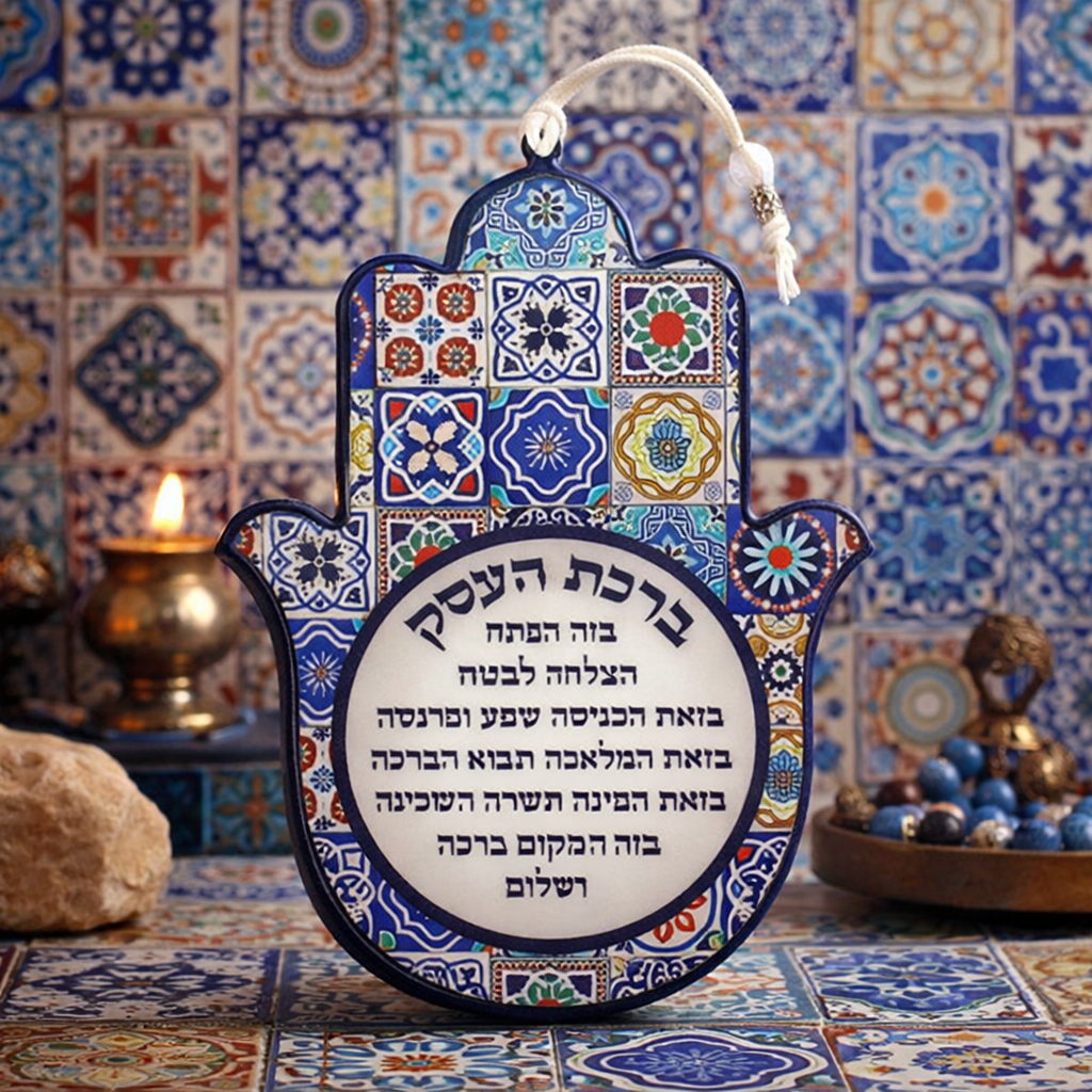 חמסה אפוקסי עיטור פסיפס "ברכת העסק" עברית 19×15 ס״מ