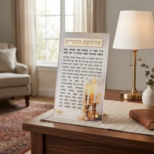 סדר הדלקת נרות שבת אקריליק עומד זהב 13×22 ס״מ - עם הדפסה