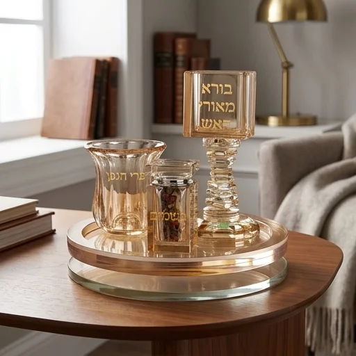 סט הבדלה מהודר מקריסטל זהב עם מגש מסתובב 20 ס״מ