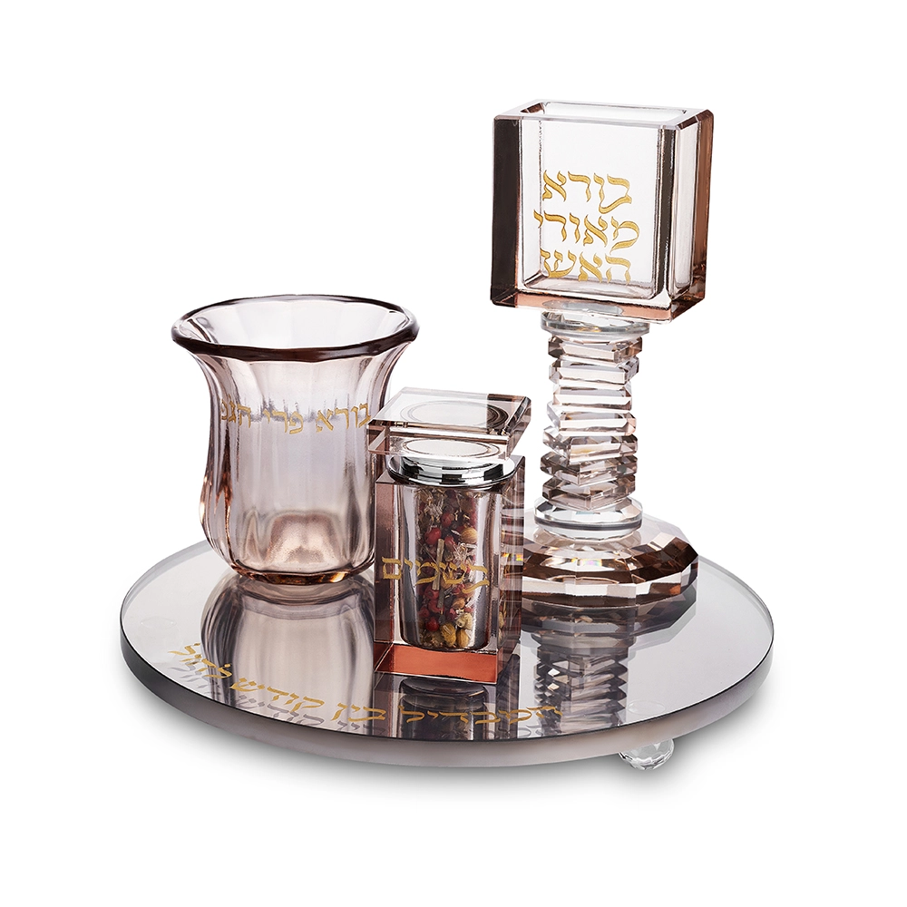 סט הבדלה מהודר מקריסטל רוז גולד עם מגש שחור עגול 20 ס״מ