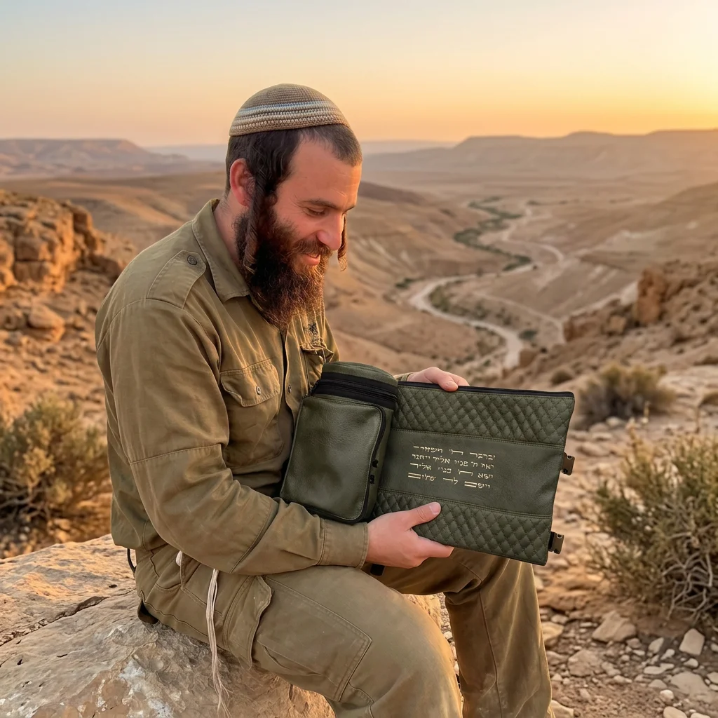 תיק תפ טרמי דמוי עור ירוק עם אותיות בולטות יברכך 22 ס״מ