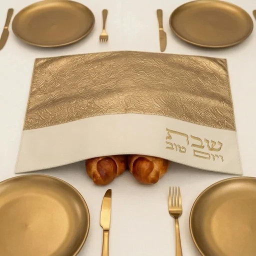 כיסוי חלה מהודר דמוי עור לבן עם זהב 45×55 ס״מ