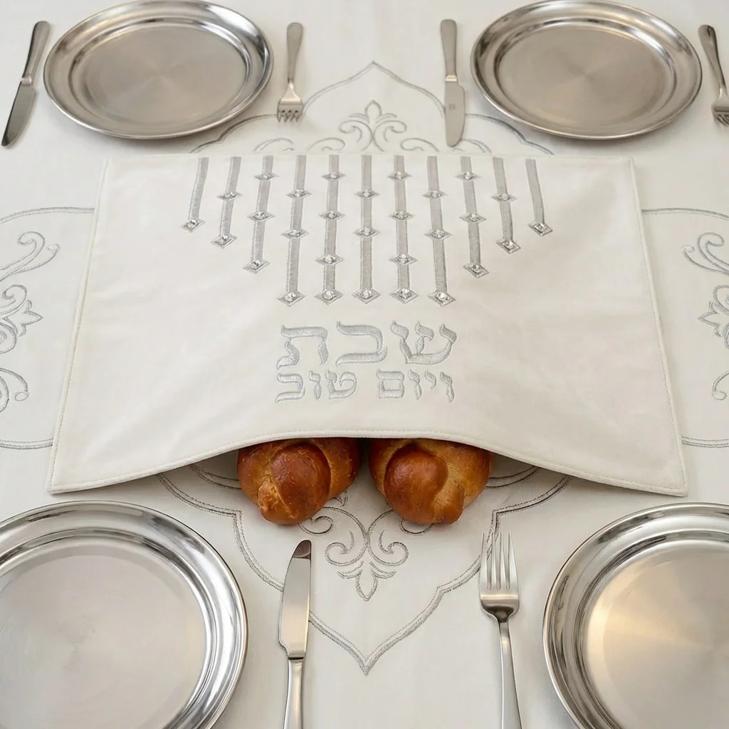 כיסוי חלה מהודר דמוי עור לבן עם ריקמה ואותיות בולטות 42×52 ס״מ