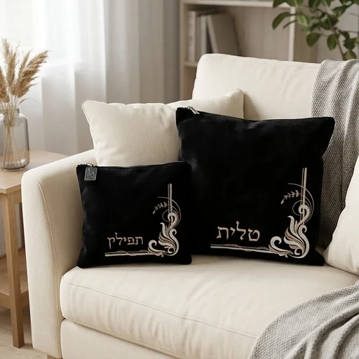 סט טלית תפילין קטיפה כחול כהה עם ריקמה 35.6×35.6 ס״מ