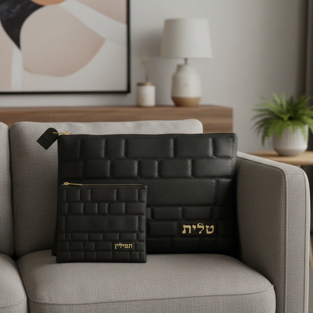 סט טלית תפילין דמוי עור כותל שחור אותיות בולטות זהב