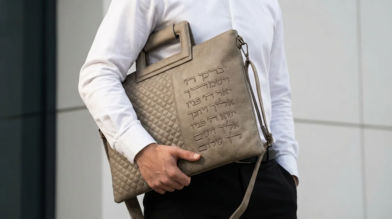 תיק מפואר לטלית תפילין דמוי עור אפור כהה "יברכך" 38×33 ס״מ