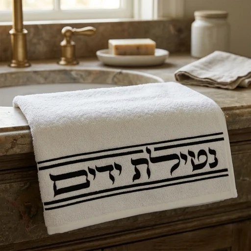 זוג מגבות לבנות "נטילת ידיים" 72×34 ס״מ - רקמה שחורה