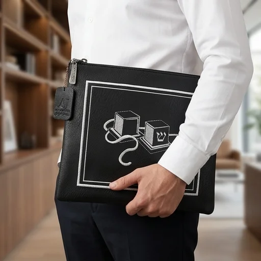 Faux Leather Tefillin Bag 21x23 cm, Black with Embroidery