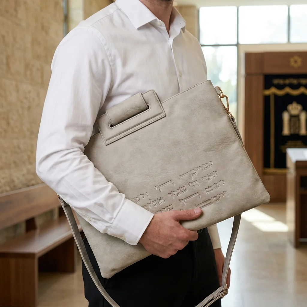 תיק טלית תפילין דמוי עור יברכך 40×32 ס״מ בטון