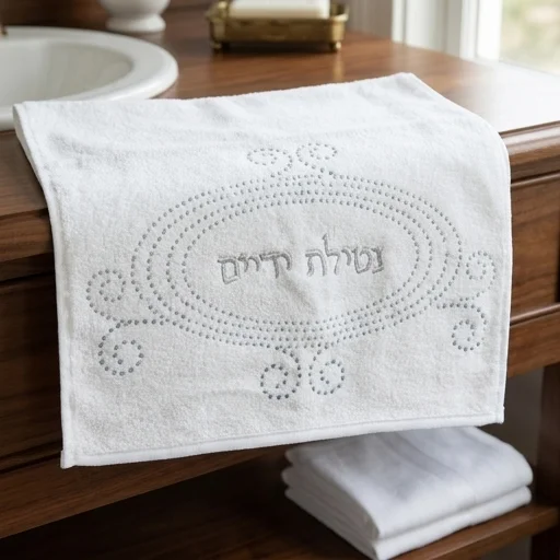 זוג מגבות לבנות "נטילת ידיים" עם שיבוץ אבנים מהודר