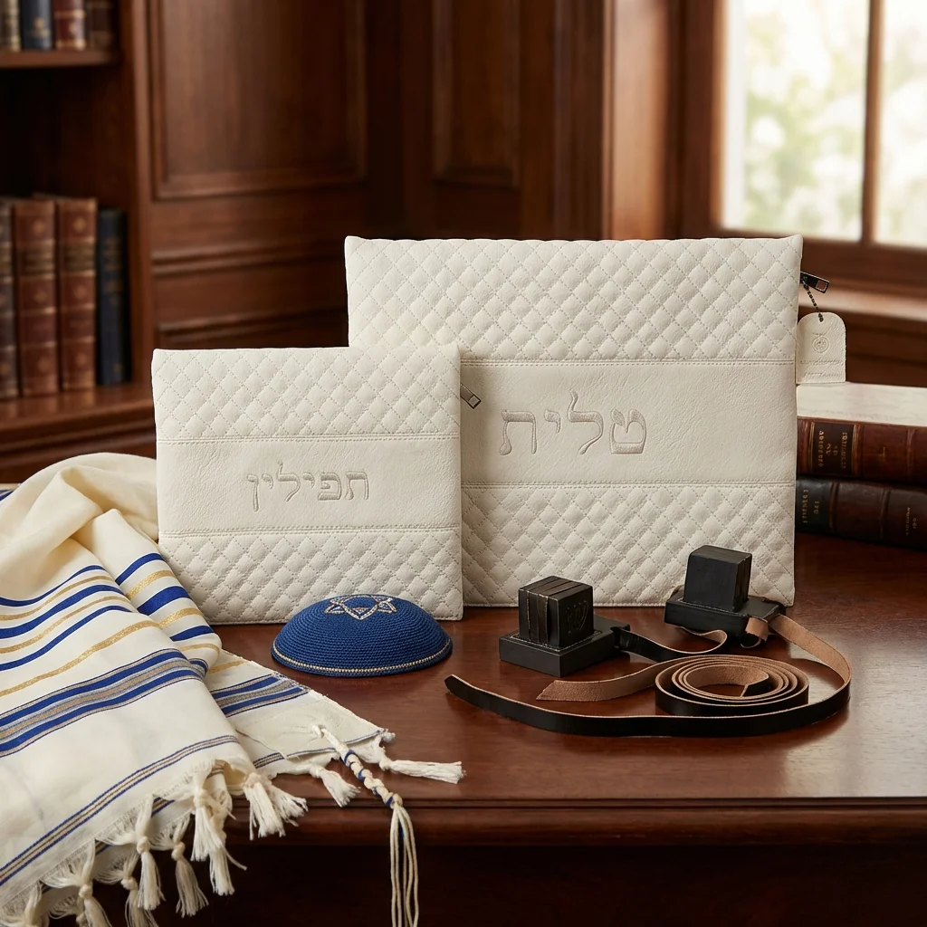 סט טלית תפילין דמוי עור עם ריקמה 36×29 ס״מ