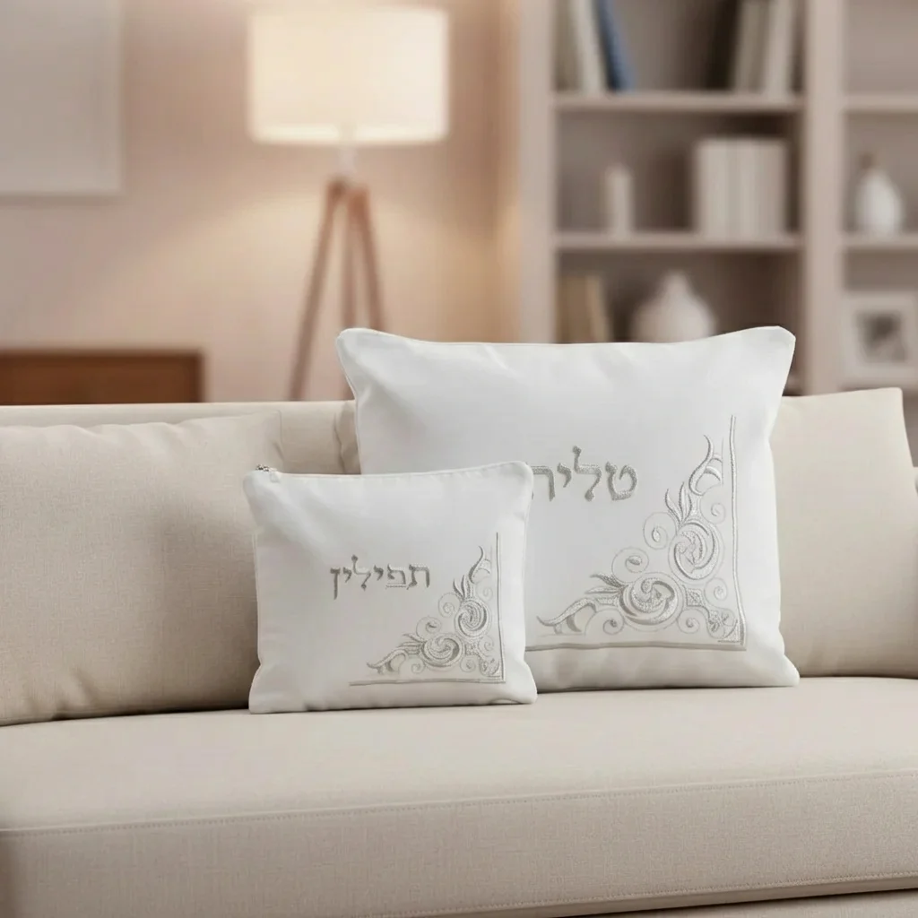 סט טלית תפילין קטיפה לבנה עם ריקמה 36×29 ס״מ