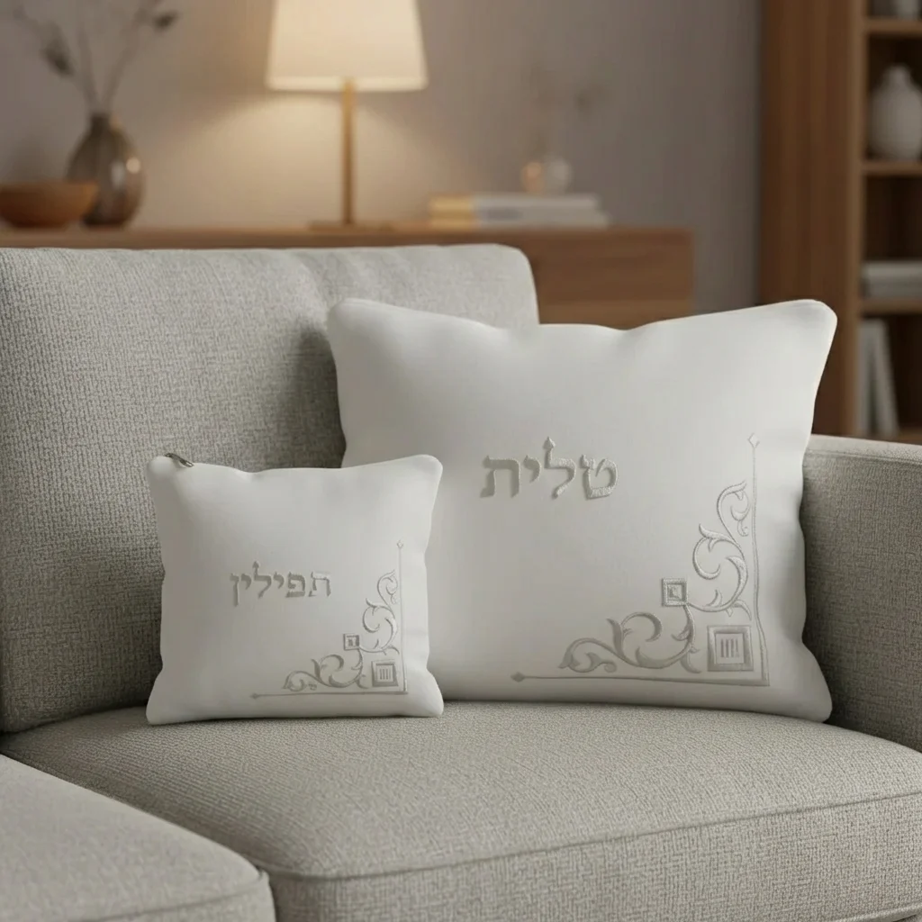 סט טלית תפילין קטיפה לבנה עם ריקמה 36×29 ס״מ
