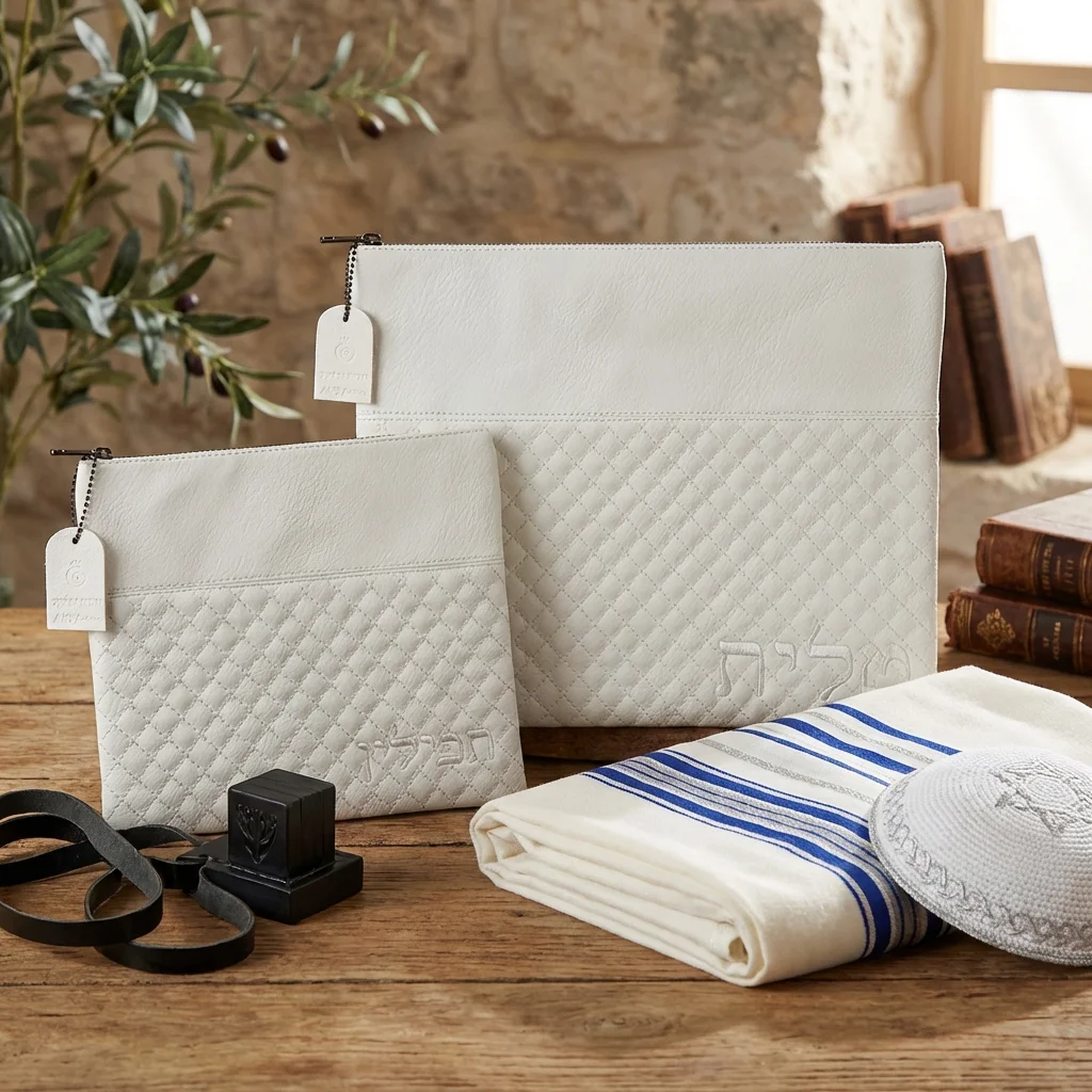 סט טלית תפילין דמוי עור עם ריקמה 36×29 ס״מ