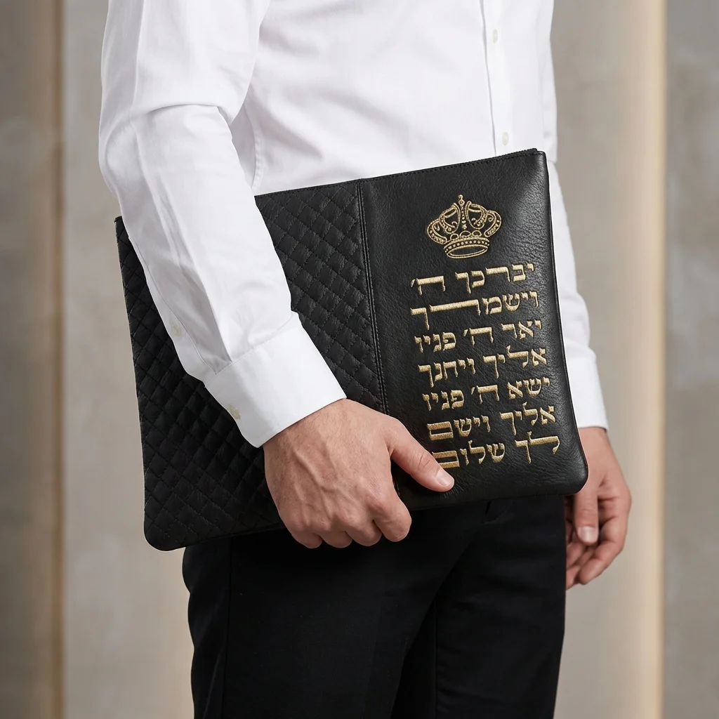 סט טלית תפילין דמוי עור שחור אותיות בולטות "ויברכך