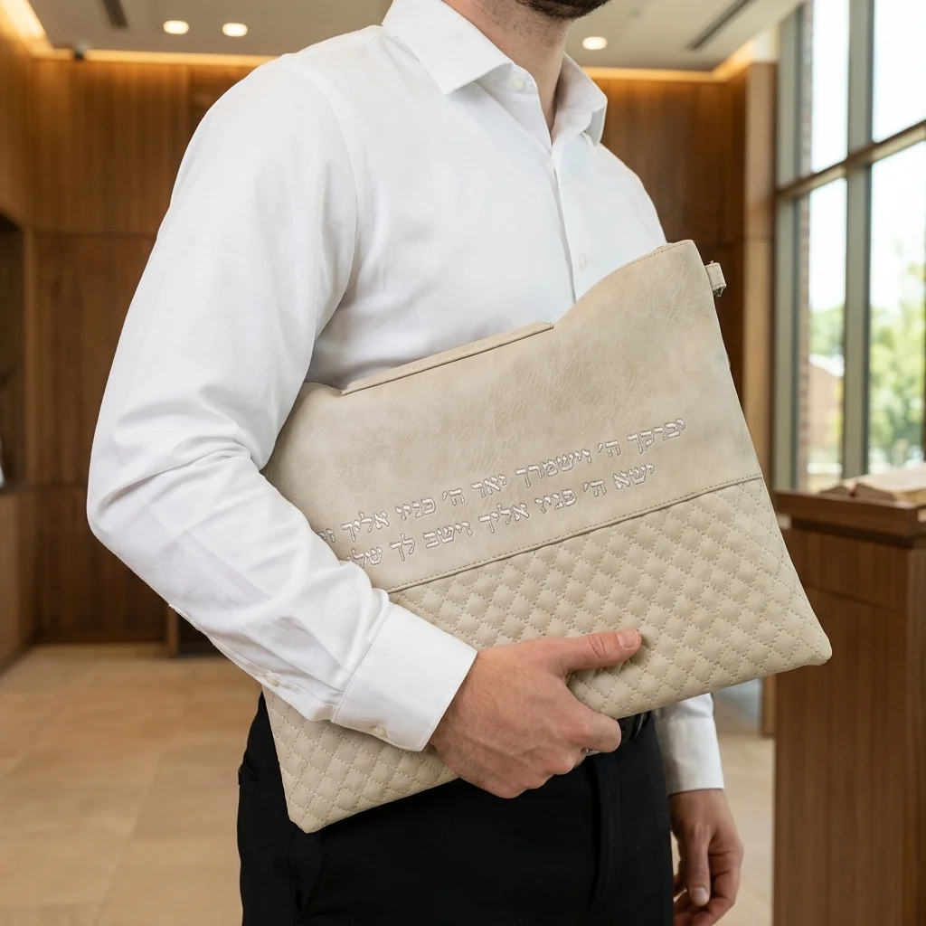 תיק מפואר לטלית דמוי עור אפור אותיות בולטות