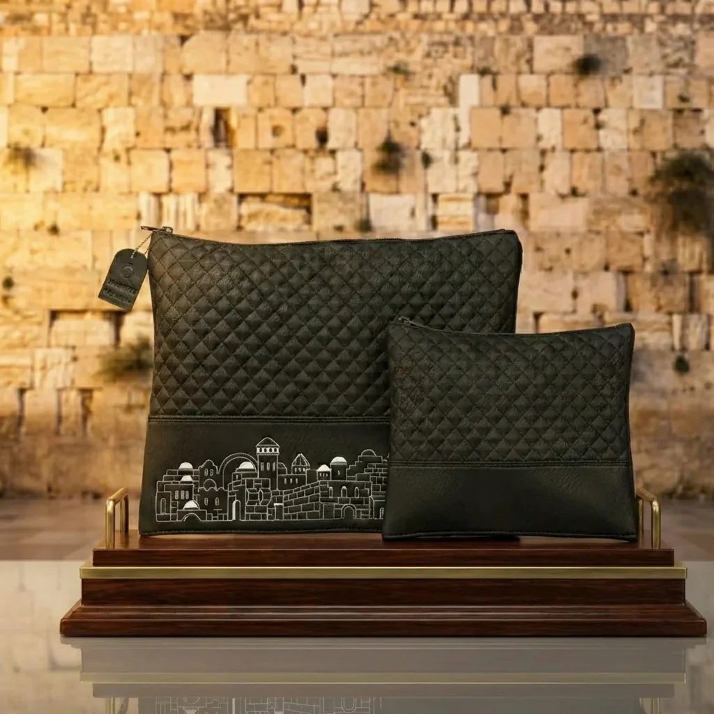 סט טלית תפילין דמוי עור שחור אותיות בולטות "ירושלי