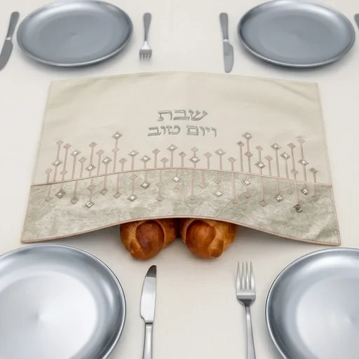 כיסוי חלה מהודר דמוי עור לבן עם הבלטות כסף 45×55 ס״מ