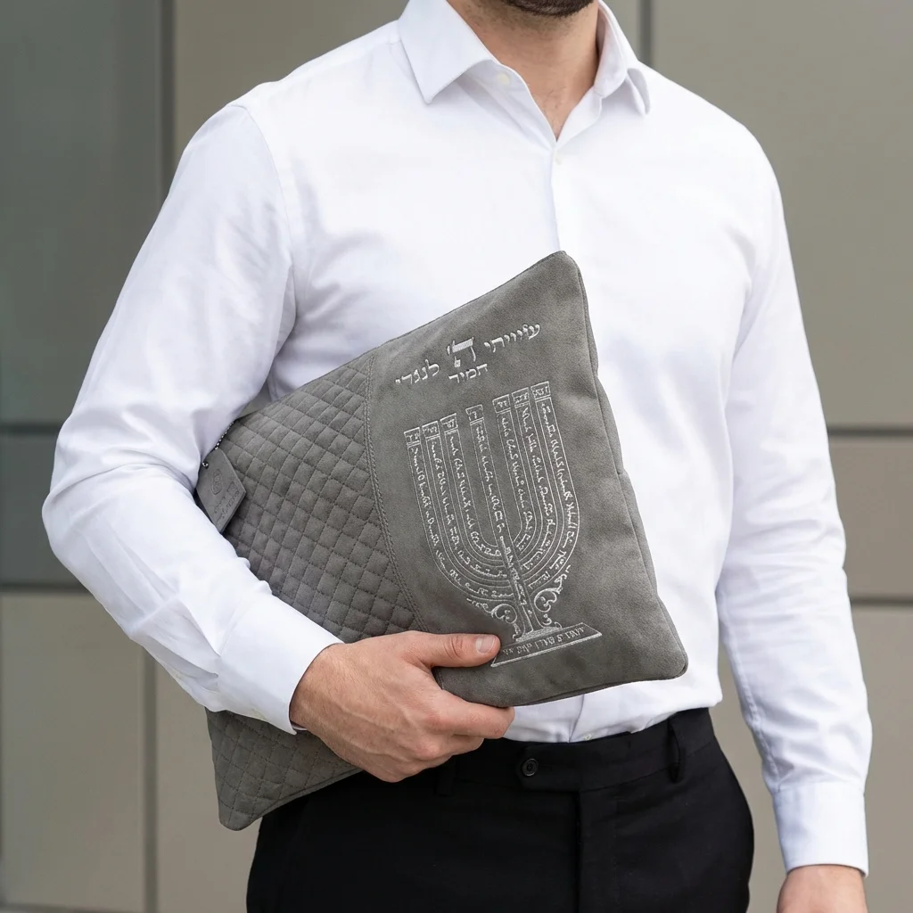 סט טלית תפילין דמוי עור אפור אותיות בולטות "שיויתי" כסף 36×29 ס״מ