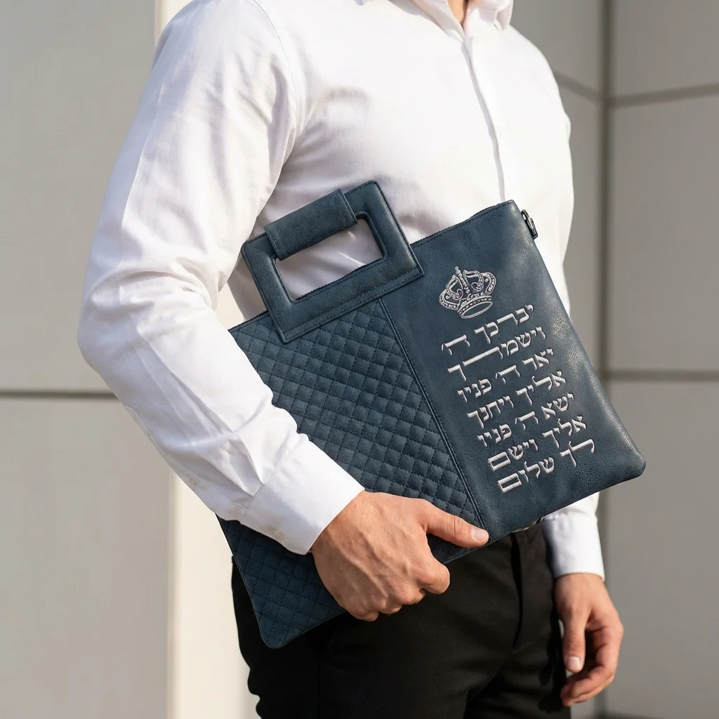 Leatherette Talit - Tefilin Set 36*29 cm with Bold Embroidery - Blue