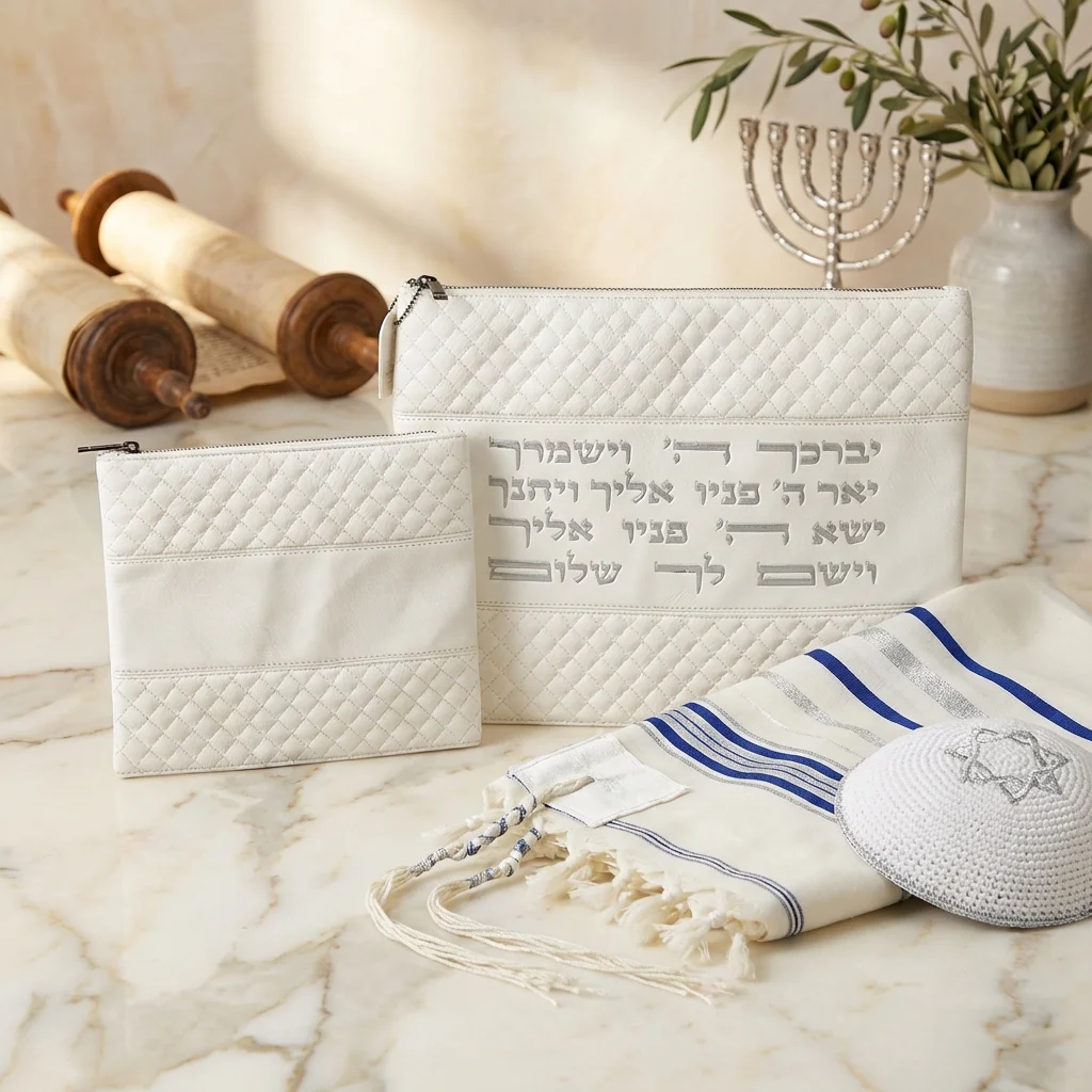 סט טלית תפילין דמוי עור לבן אותיות בולטות "יברכך" כסף 31×38 ס״מ