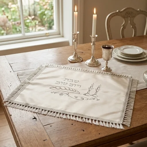 Satin Challah Cover with Embroidery 42x52 cm - White