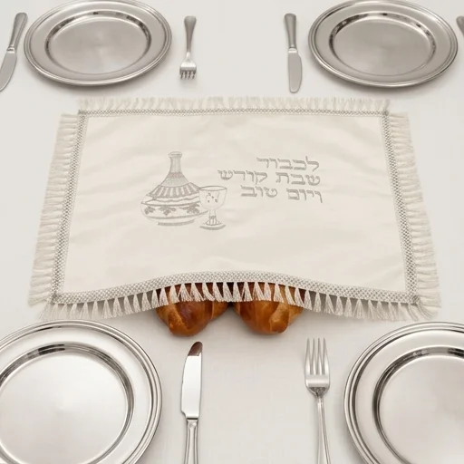 Satin Challah Cover with Embroidery 42x52 cm - White