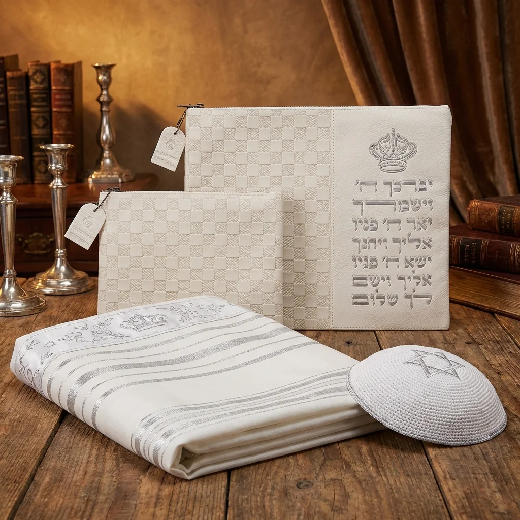 סט טלית תפילין דמוי עור אותיות בולטות "יברכך" כסף 31×38 ס״מ