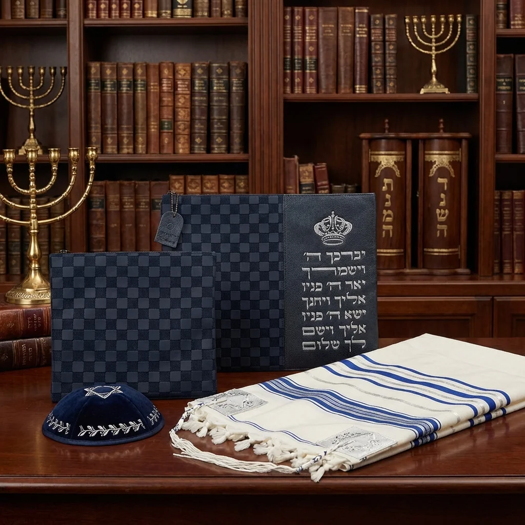 סט טלית תפילין דמוי עור אותיות בולטות "יברכך" כסף 31×38 ס״מ