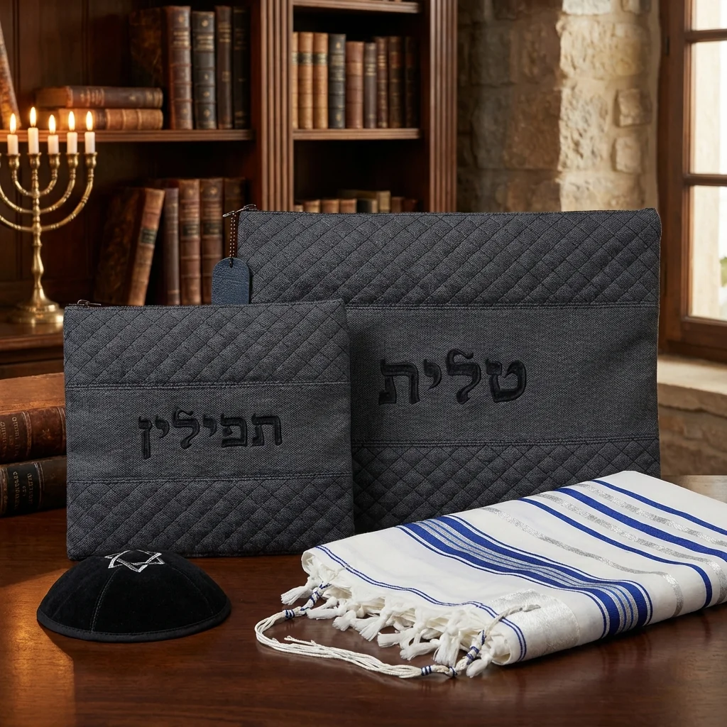 סט טלית תפילין דמוי עור מהודר 36×29 ס״מ