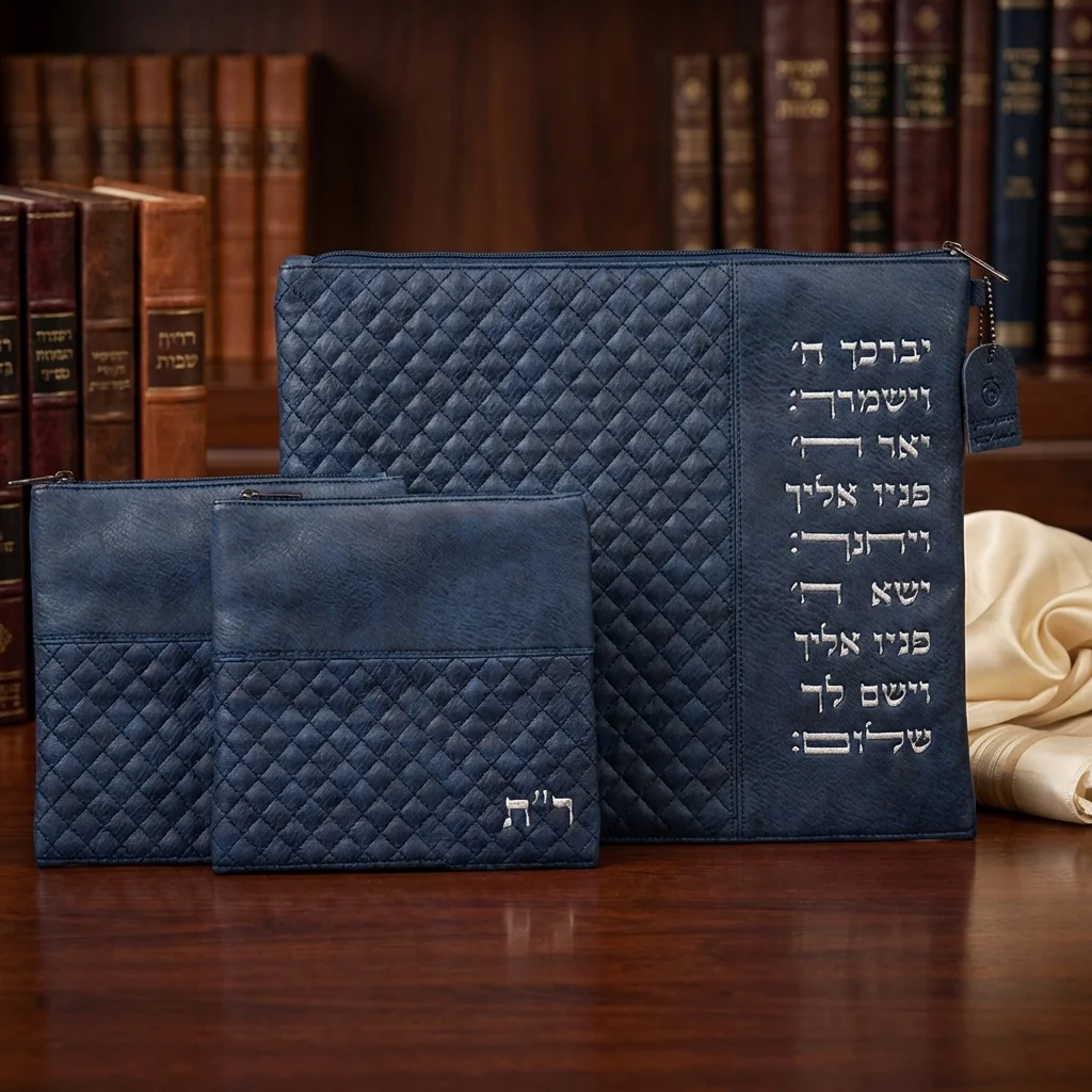 סט טלית תפילין רש"י ר"ת דמוי עור 34×40 ס״מ