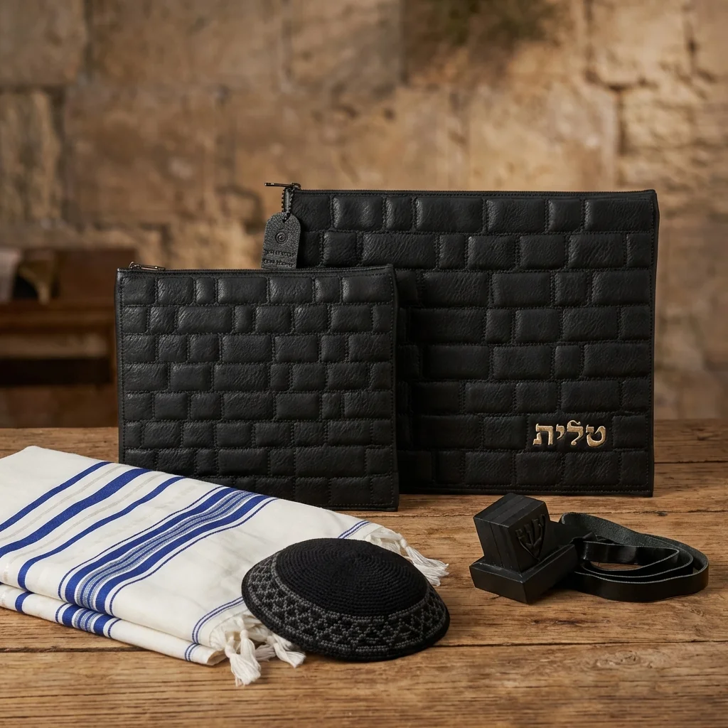 סט טלית תפילין דמוי עור "כותל" עם הבלטה "טלית" 36×29 ס״מ