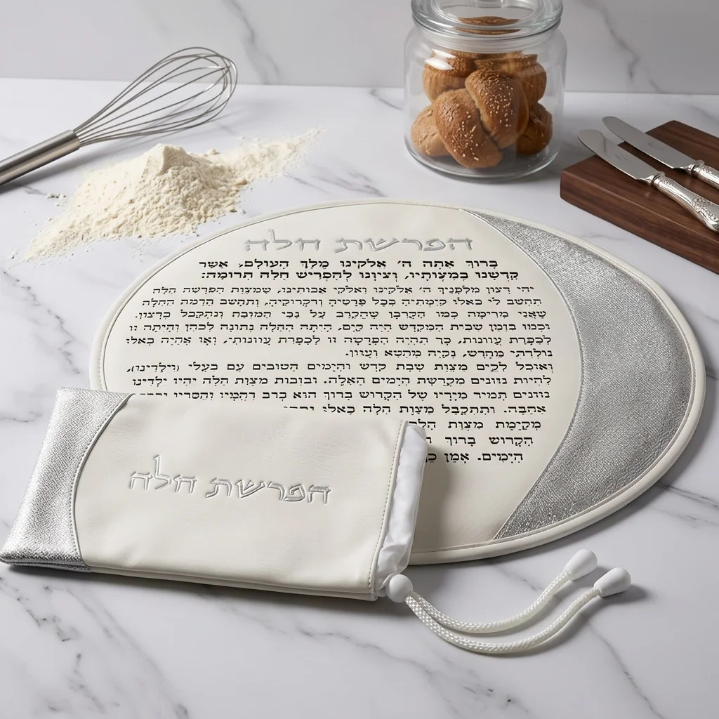 סט הפרשת חלה דמוי עור לבן "אותיות בולטות" כסף 40 ס״מ
