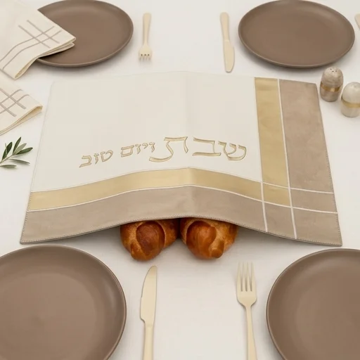 כיסוי חלה מהודר דמוי עור לבן וזהב עם הבלטות 45×55 ס״מ