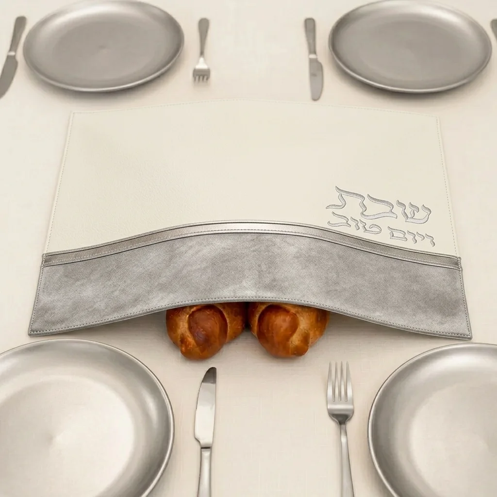 כיסוי חלה מהודר דמוי עור לבן וכסף עם הבלטות 42×52 ס״מ