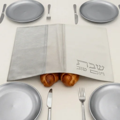 כיסוי חלה מהודר דמוי עור לבן וכסף עם הבלטות 45×55 ס״מ