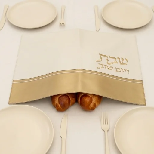 כיסוי חלה מהודר דמוי עור לבן וזהב עם הבלטות 55×45 ס״מ