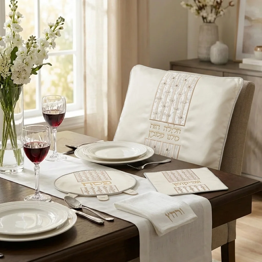 Leatherette 4 pcs Passover Set: Pillow, Passover & Afikoman Covers with Towel