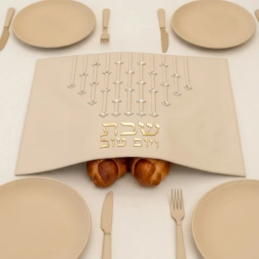 כיסוי חלה מהודר דמוי עור לבן עם ריקמה ואותיות בולטות 42×52 ס״מ