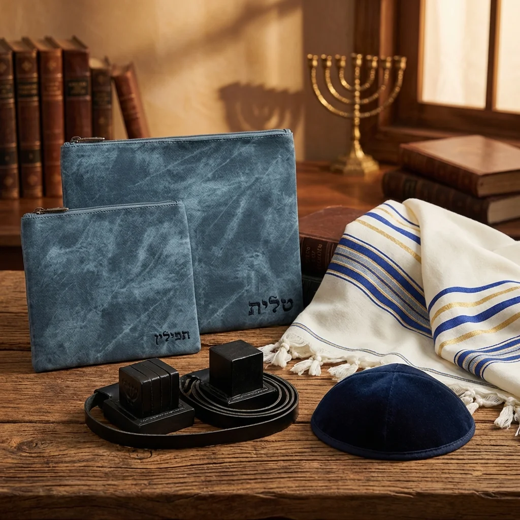 סט טלית תפילין דמוי עור עם ריקמה 36×29 ס״מ