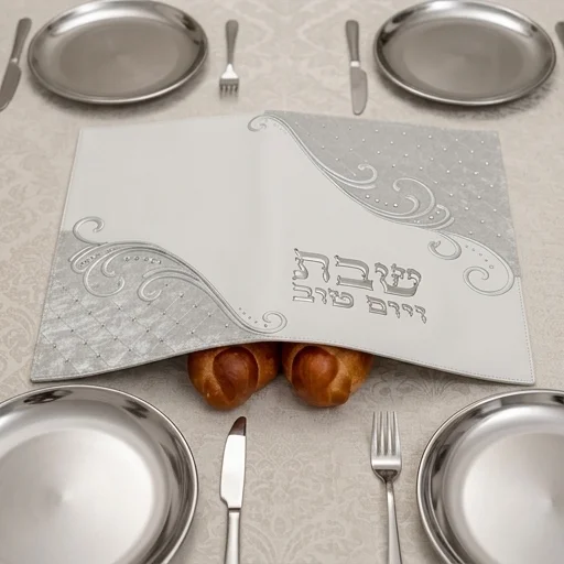 כיסוי חלה מהודר דמוי עור לבן עם ריקמה ואותיות בולטות 42×52ס״מ