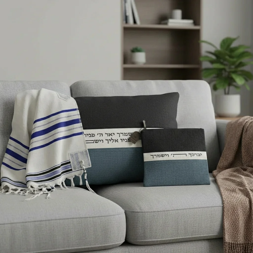 סט טלית תפילין מהודר בד ארוג כחול כהה וכחול בהי