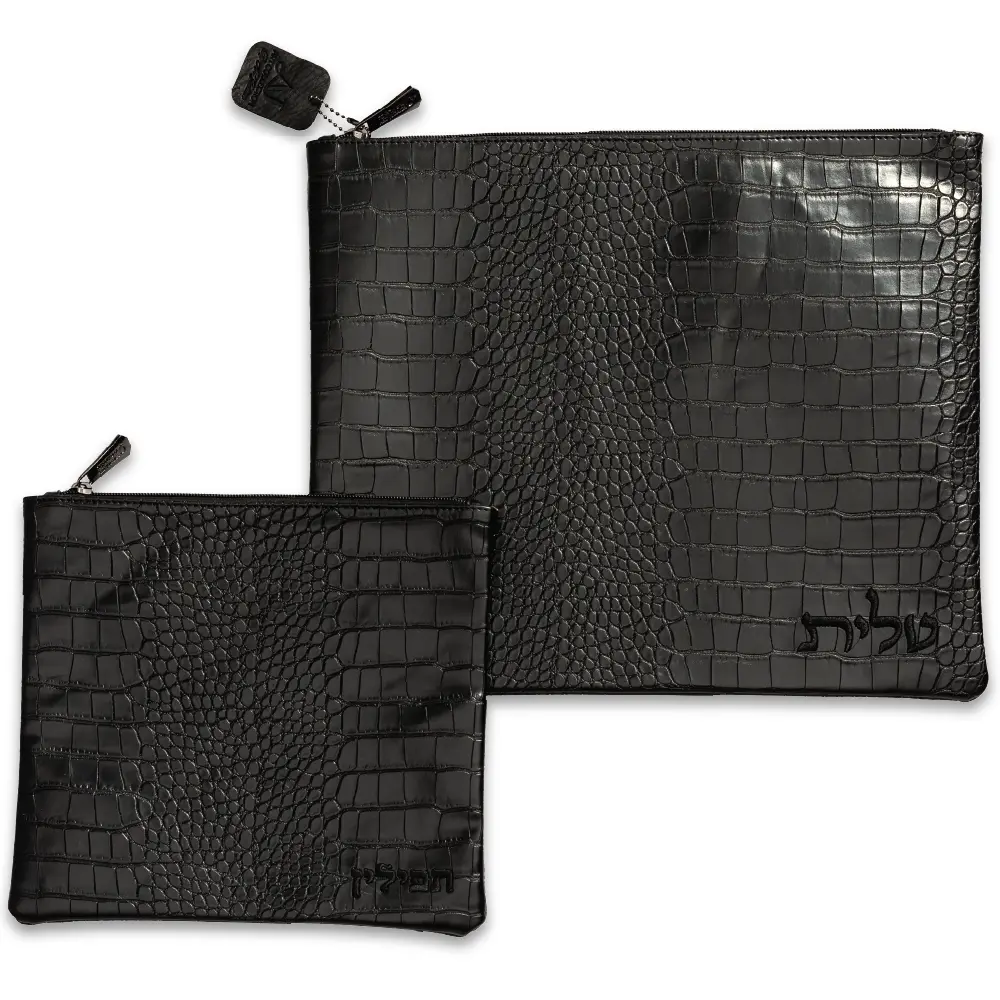 סט טלית תפילין דמוי עור שחור עם ריקמה 39×31 ס״מ