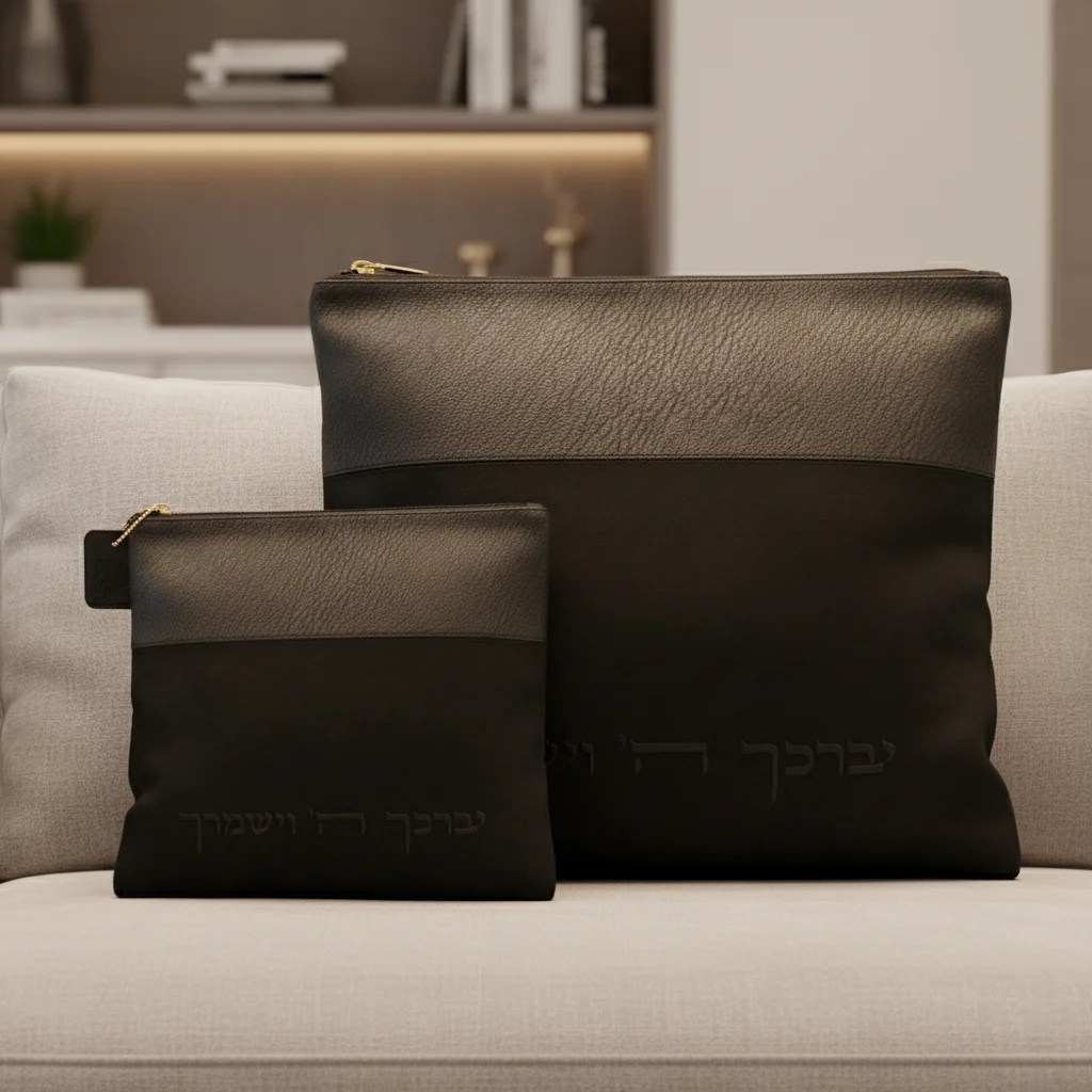 סט טלית תפילין מהודר דמוי עור שחור 36×30 ס״מ