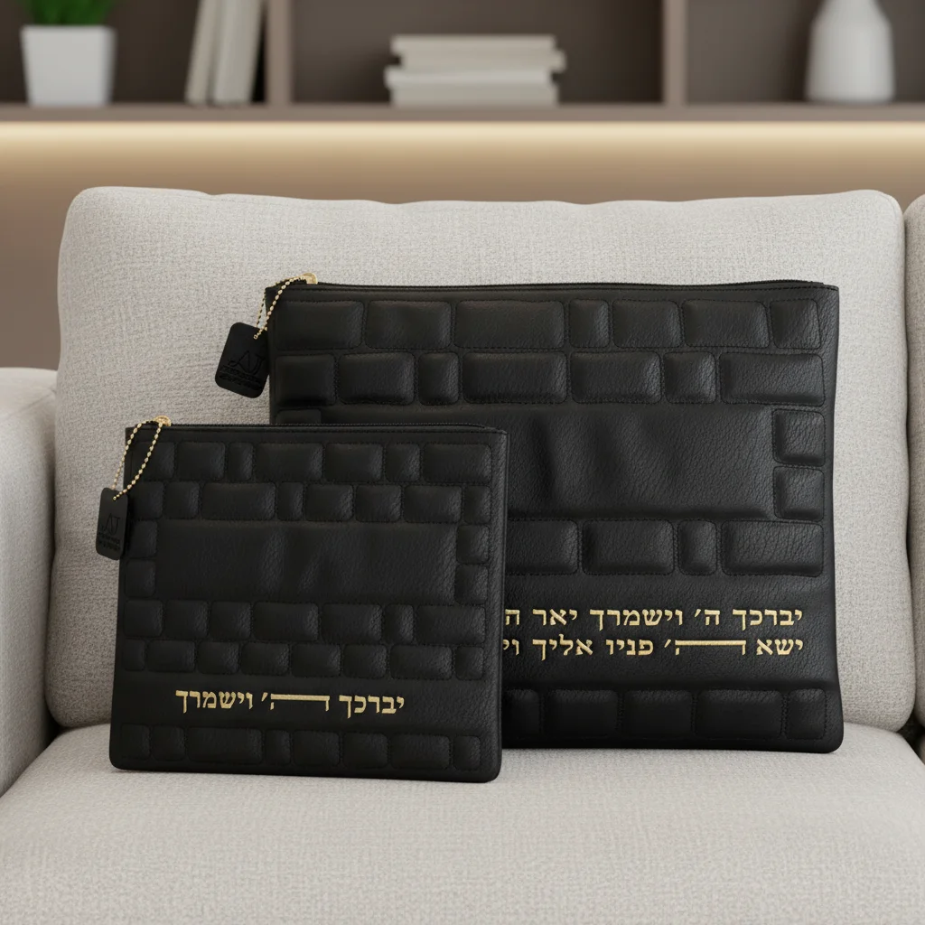 סט טלית תפילין דמוי עור כותל שחור אותיות בולטות זהב