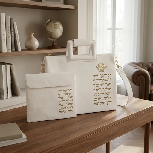 תיק מפואר לטלית דמוי עור לבן אותיות בולטות 38×31 ס״מ