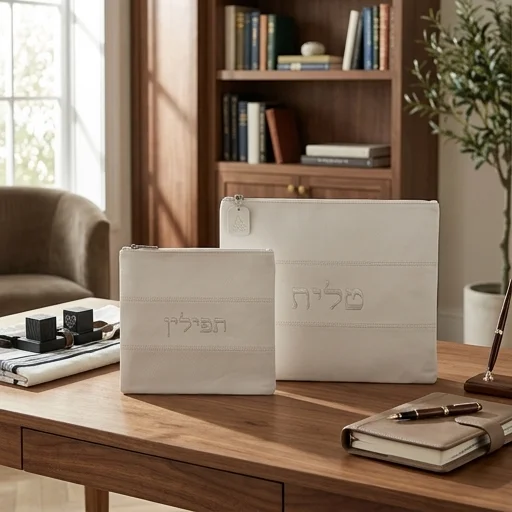 סט טלית תפילין דמוי עור לבן עם ריקמה 36×29 ס״מ