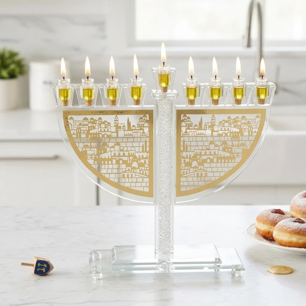 חנוכייה קריסטל מהודרת עם פלקטה 23 ס״מ