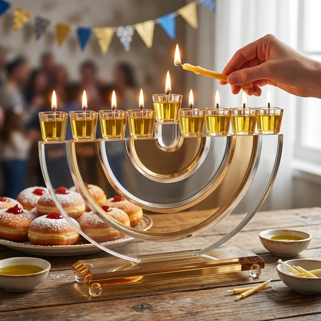 חנוכייה קריסטל גוף פסים חצי עיגול שקוף זהב 21 ס״מ